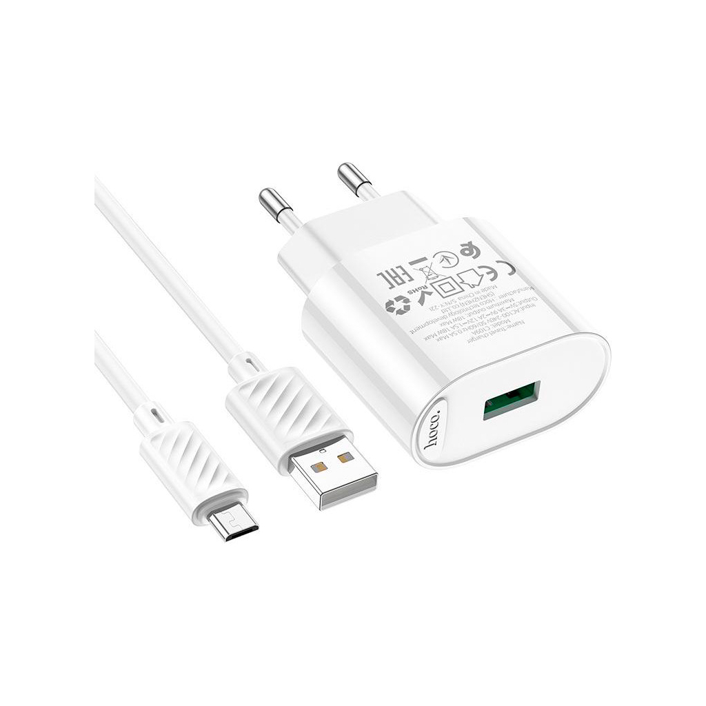 Зарядний пристрій HOCO C109A Fighter USB QC3.0 + cable Micro 5P White (6931474784827) - зображення 2