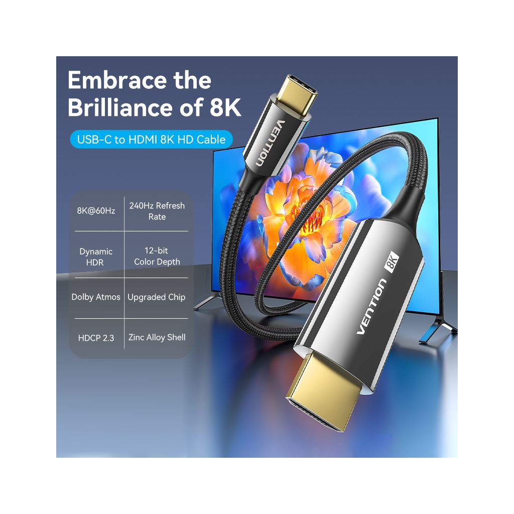 Кабель мультимедійний USB-C 3.1 to HDMI 1.8m 8K 60 Гц Zinc Alloy TPE Black Vention (CRCBAC) - изображение 2