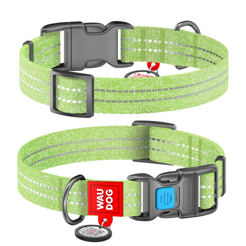 Нашийник для тварин WAUDOG Re-cotton з QR паспортом світловідбивний Ш 25 мм Д 37-58 см салатовий (02945) - зображення 1