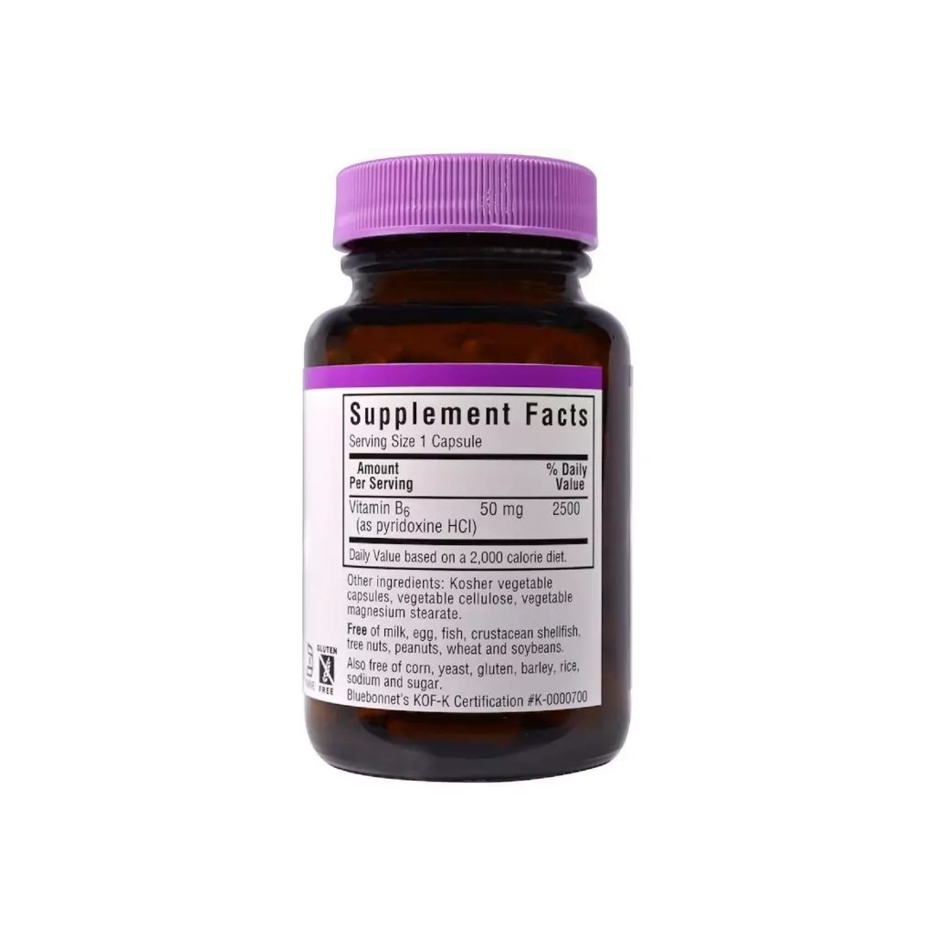 Вітамін Bluebonnet Nutrition Вітамін B6 50 мг, Vitamin B6, 90 вегетаріанських капсул (BLB0428) - зображення 2
