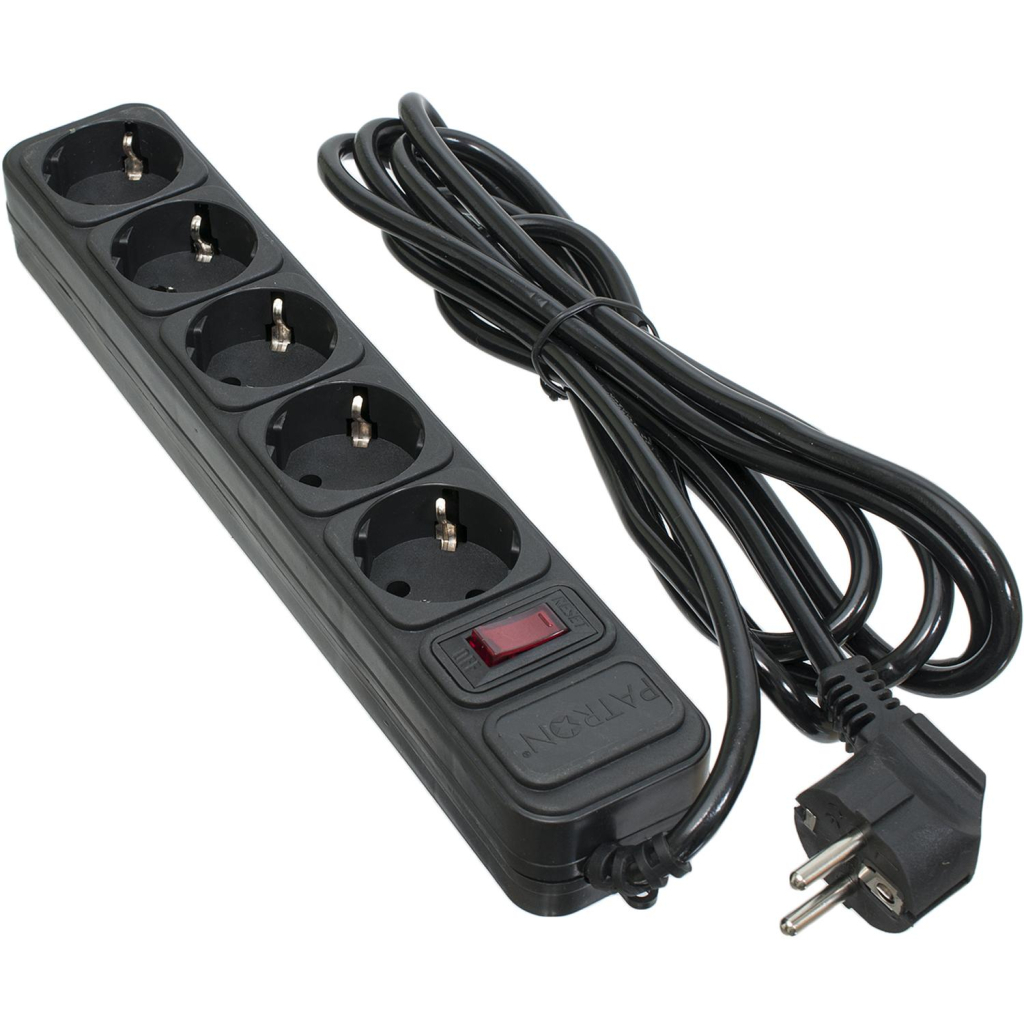 Мережевий фільтр живлення Patron 3.0 m3*1mm2 (SP-1053) 5 розеток BLACK (EXT-PN-SP-1053) - зображення 1