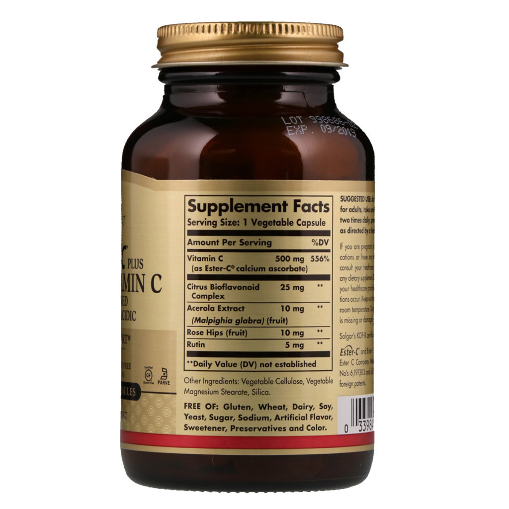 Вітамін Solgar Вітамін С 500 мг, Ester-C Plus, 100 гелевих капсул (SOL-01039) - зображення 2