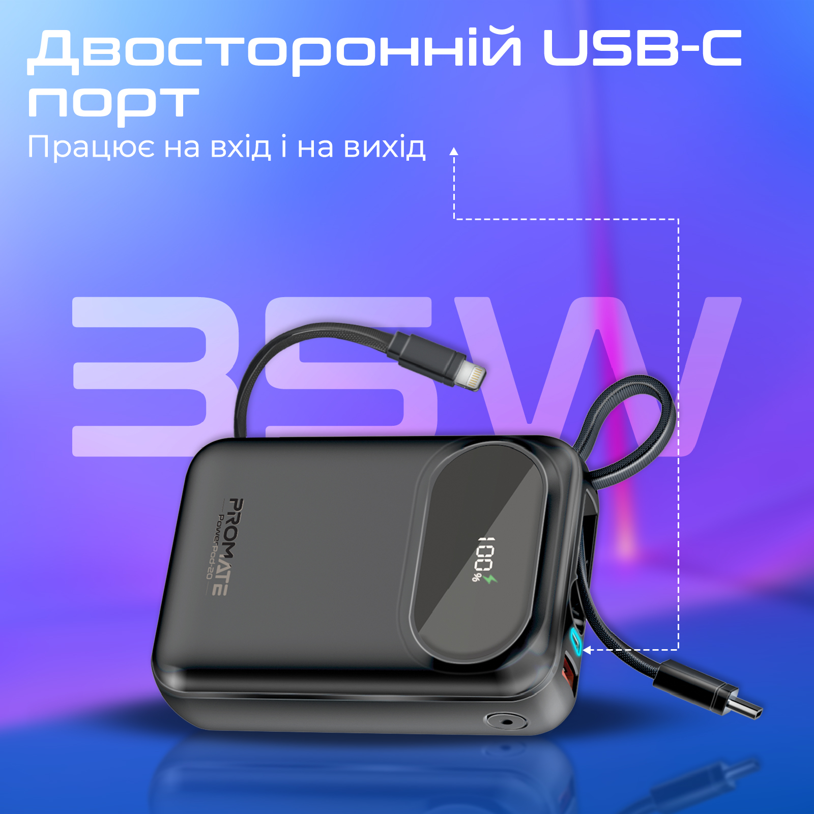 Універсальна мобільна батарея Promate PowerPod-20 20000mAh 35W Black - изображение 6
