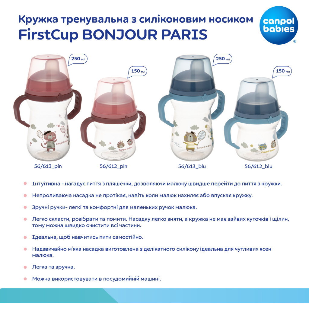 Поїльник-непроливайка Canpol babies Bonjour Paris з силіконовим носиком FirstCup 250 мл Рожева (56/613_pin) - зображення 11
