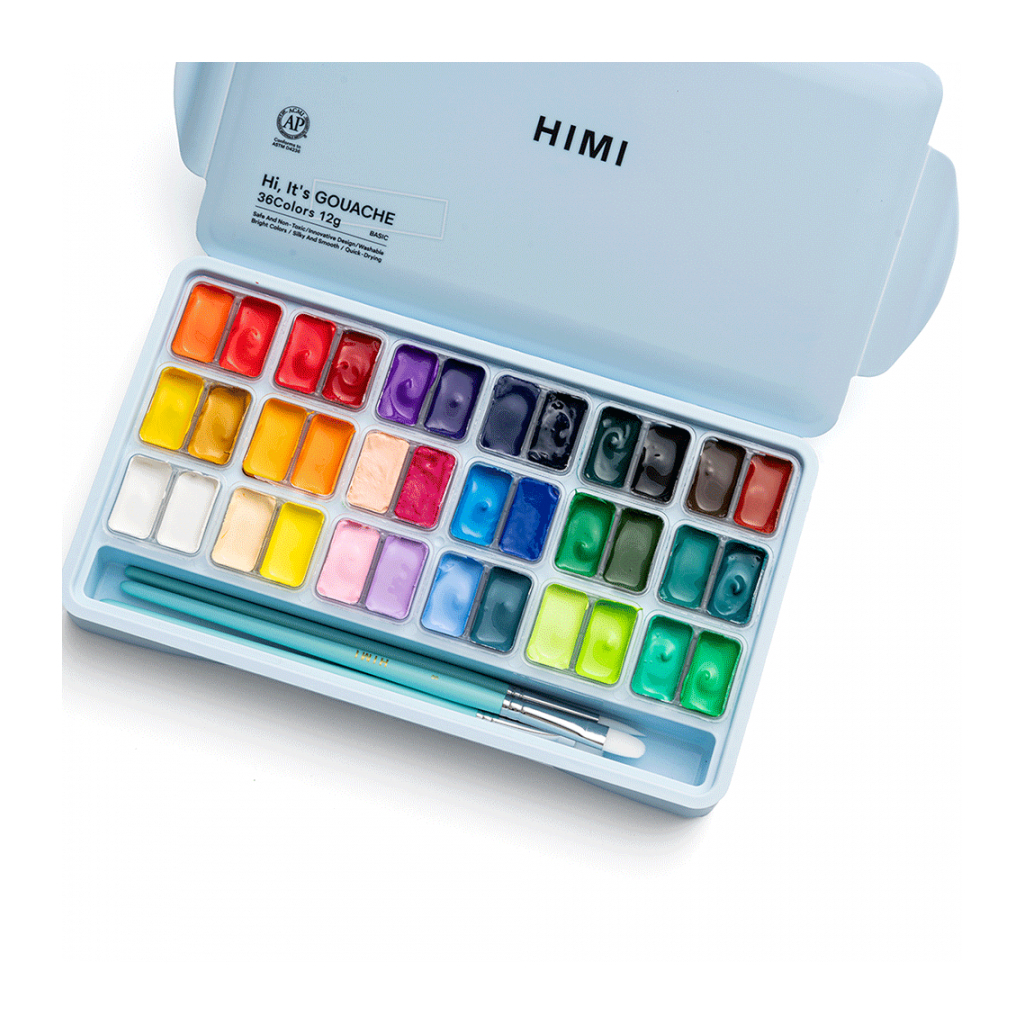 Гуашеві фарби HIMI Twin Cup 36*12мл+3 пензлі, блакитний пластик, пенал (6976939682638) - picture 5