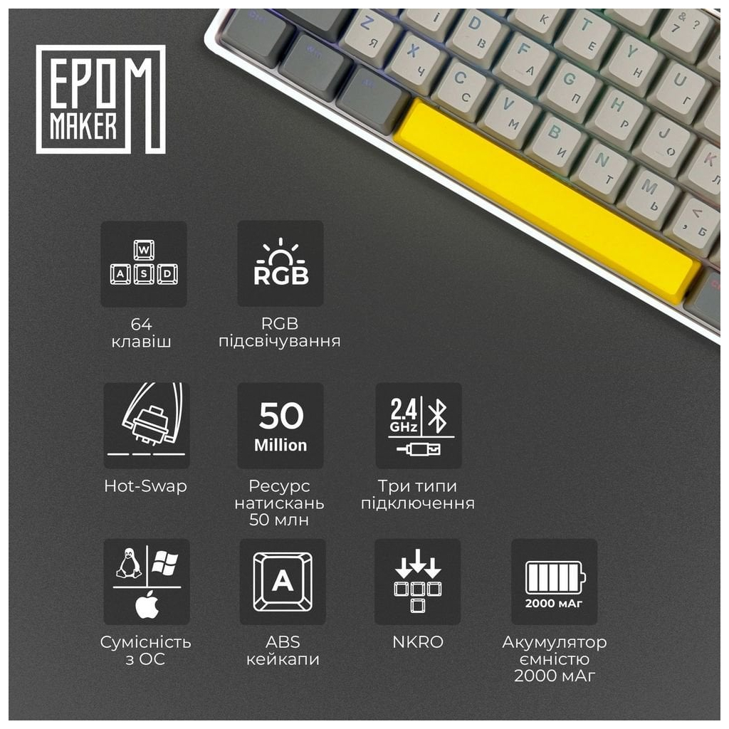 Клавіатура Epomaker EP64 60 Mulan Switch Hot-Swap RGB Wireless/Bluetooth/USB UA White (EP64-W-M) - зображення 8