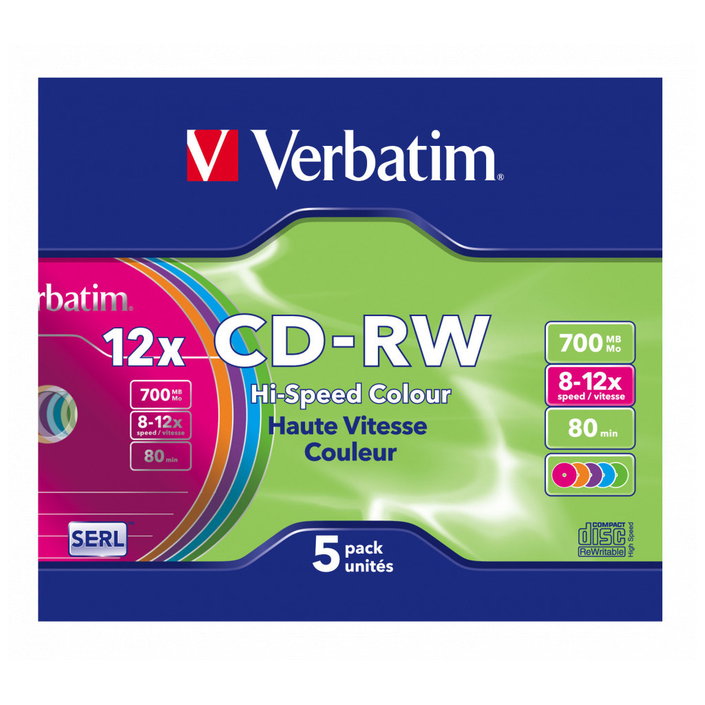 Диск CD Verbatim CD-RW 700Mb 12X SlimBox 5шт Color (43167) - изображение 7