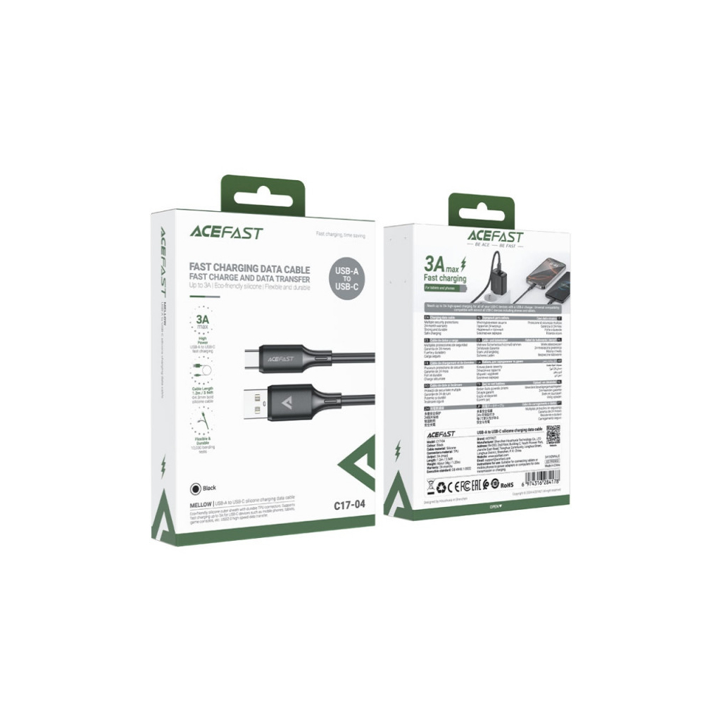 Дата кабель USB 2.0 AM to USB-C 1.2m 3A 60W silicone black Acefast (6974316284178) - зображення 4