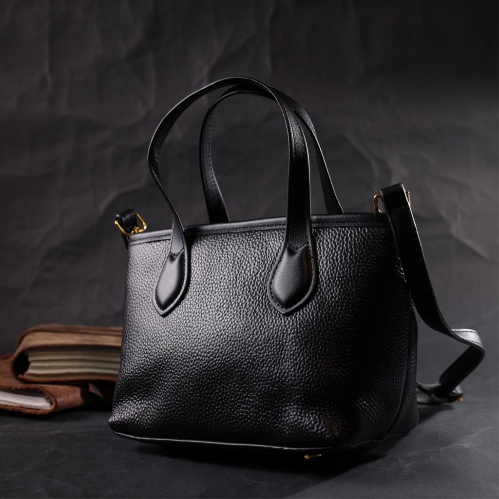 Сумка Vintage Містка з двома ручками з натуральної шкіри Чорна (22286) - зображення 7