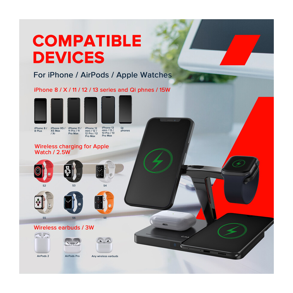 Зарядний пристрій Canyon wireless charger WS-404 15W 4in1 Black (CNS-WCS404) - зображення 5