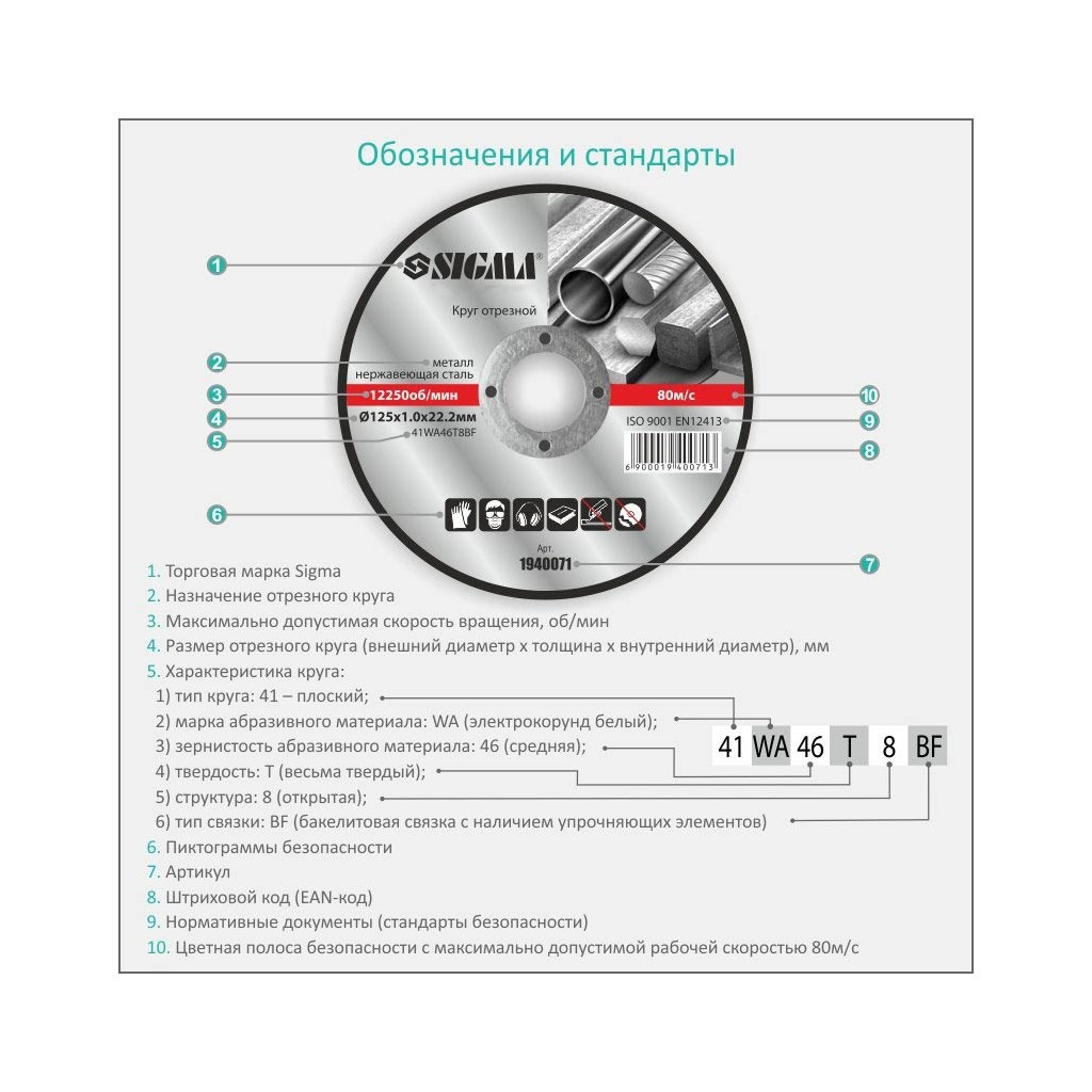 Круг відрізний Sigma по металу та нержавіючій сталі 115x1.0x22.2мм, 13300 об/хв (1940001) - зображення 3