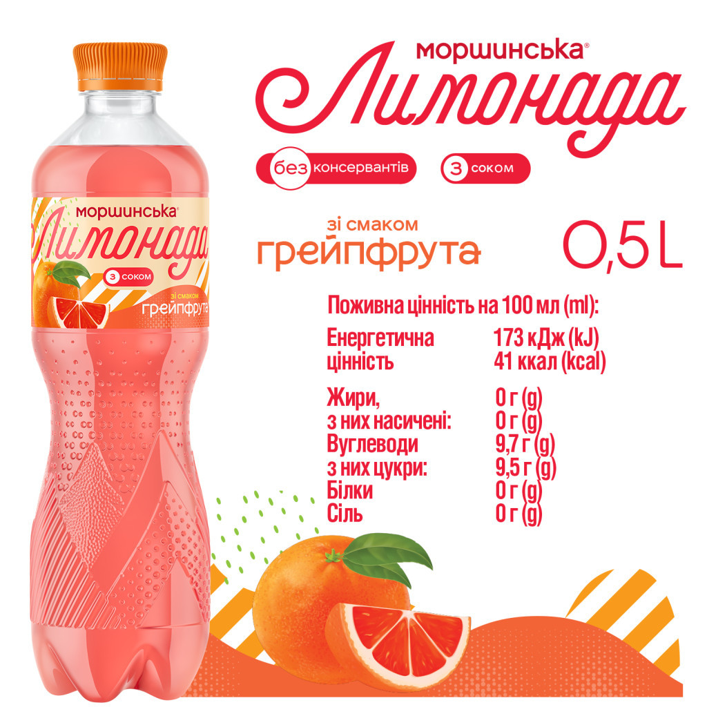 Напій Моршинська соковмісний Лимонада зі смаком Грейпфрута 0.5 л (4820017002806) - изображение 4