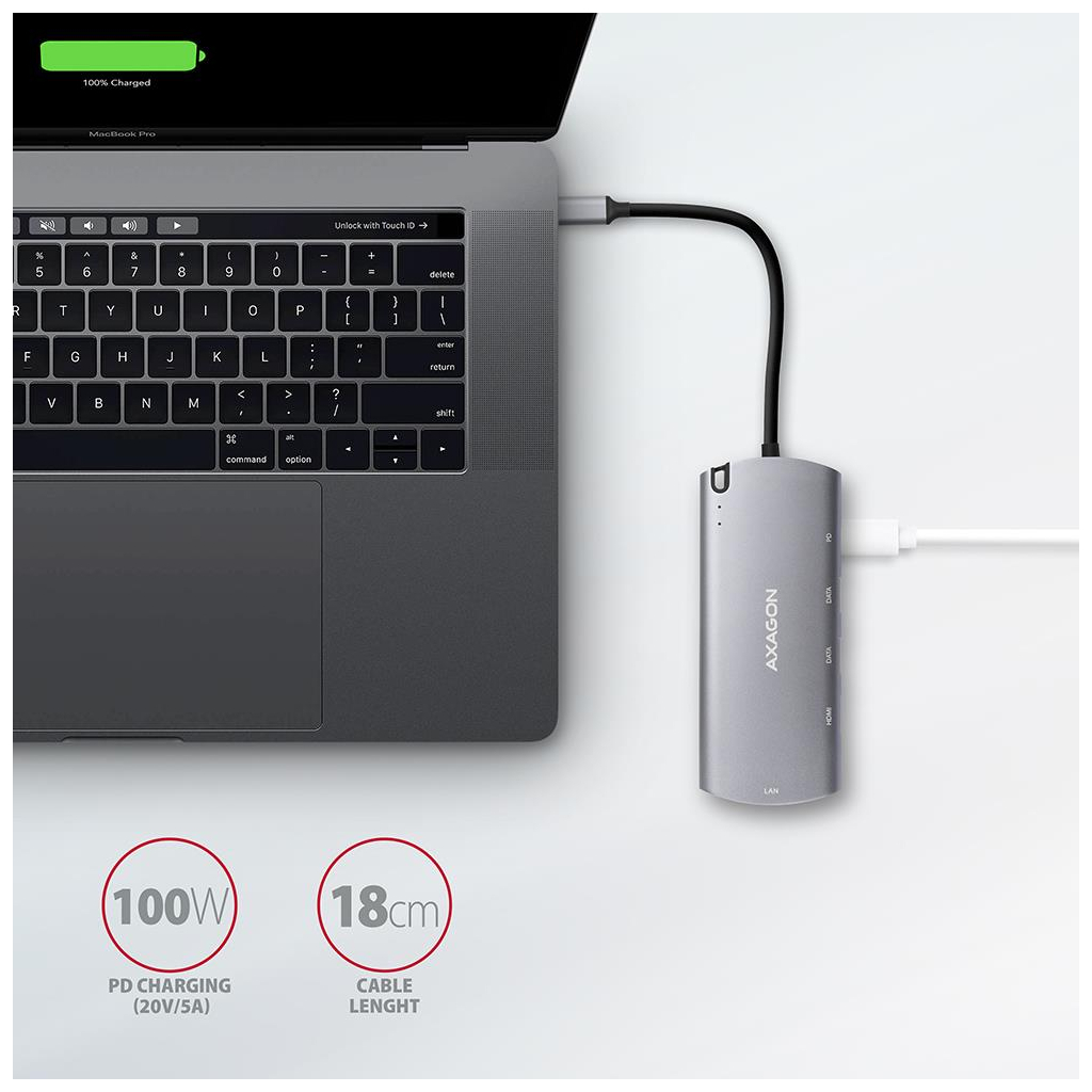 Концентратор AXAGON USB-C to 2xUSB-A + HDMI + RJ45 + SATA M.2 + PD 100W 0.18m grey (HMC-6M2) - зображення 6