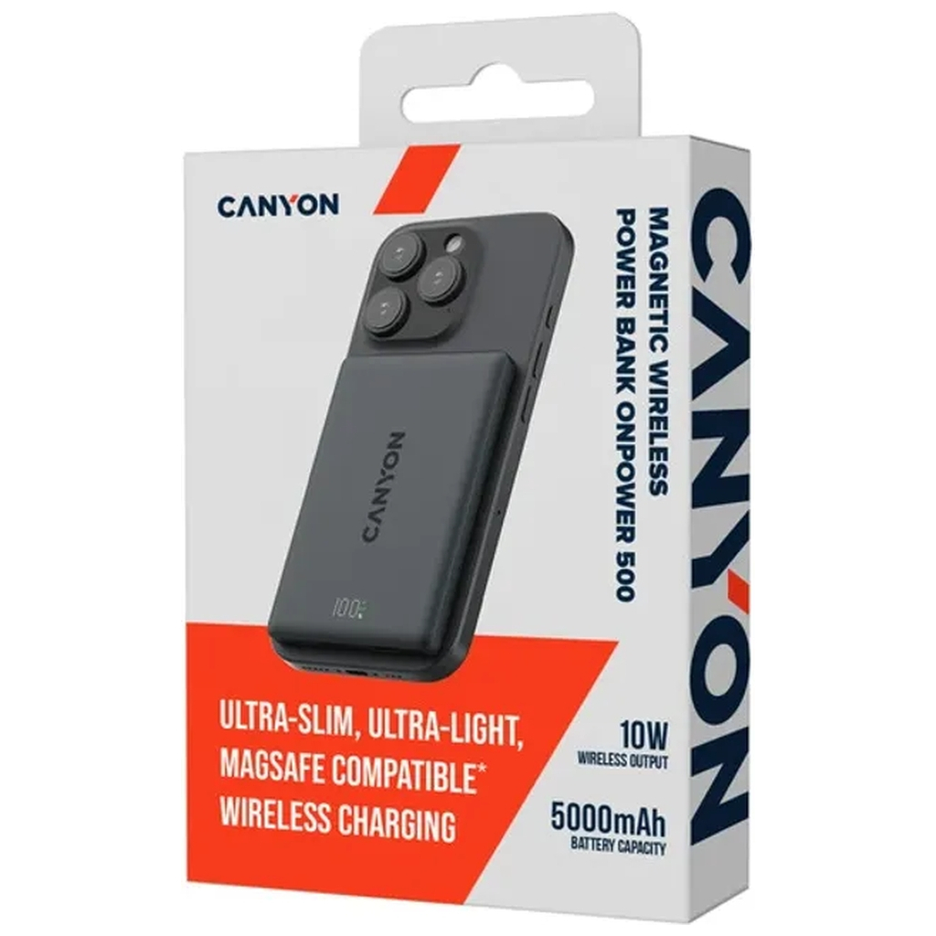 Батарея універсальна Canyon 5000mAh OnPower 500 PD20W Magnetic wireless MagSafe Black (CNS-CPB500B) - изображение 6