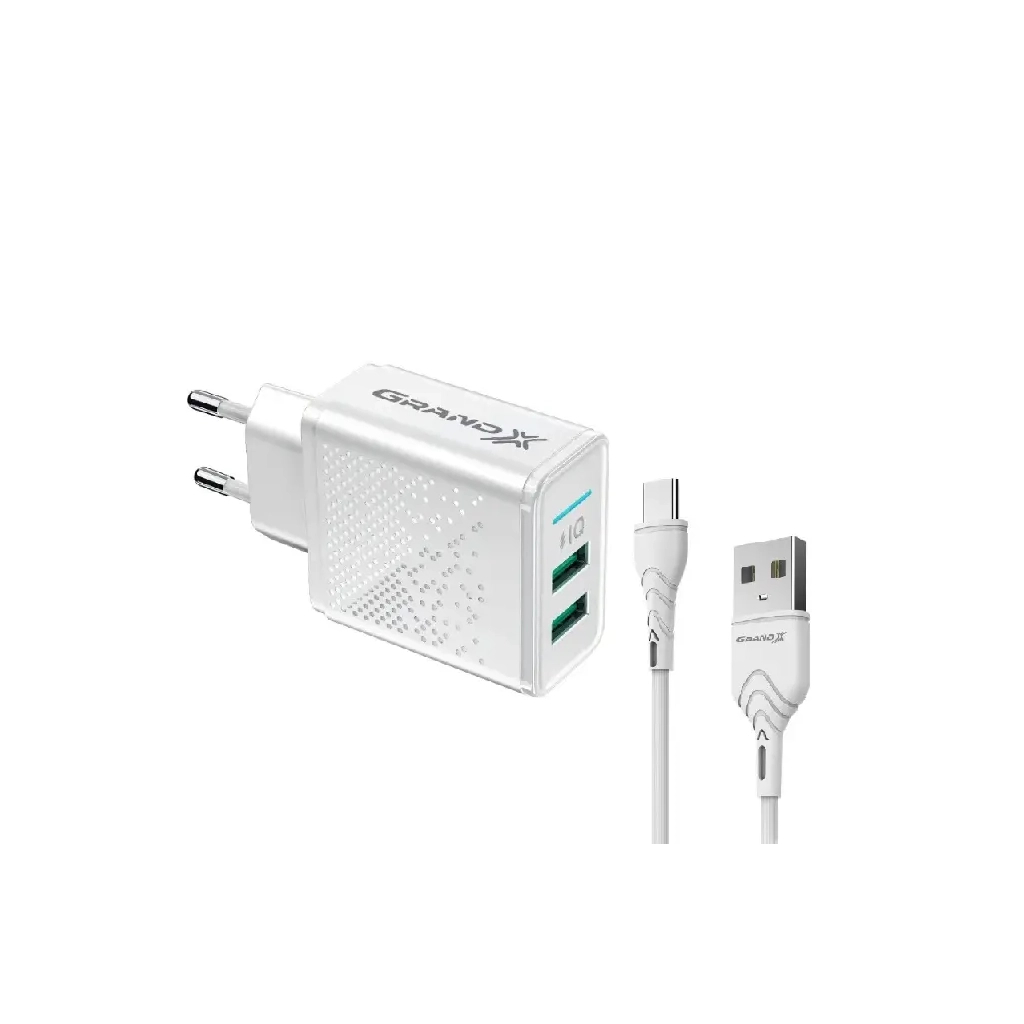 Зарядний пристрій Grand-X CH-60WT 2USB 5V 3.1A + USB-C cable (CH-60WT) - зображення 1