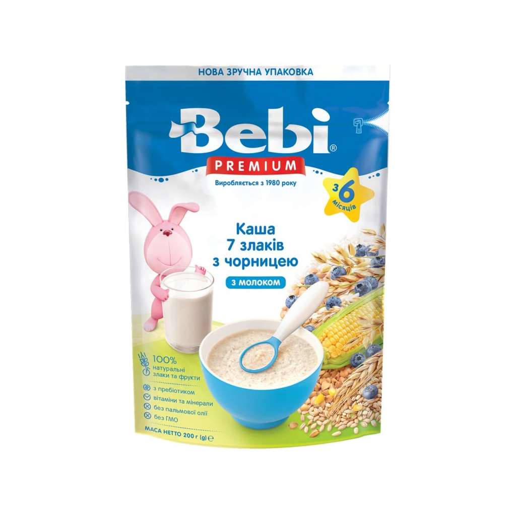 Дитяча каша Bebi Premium молочна 7 злаків з чорницями +6 міс. 200 г (8606019654382) - зображення 1