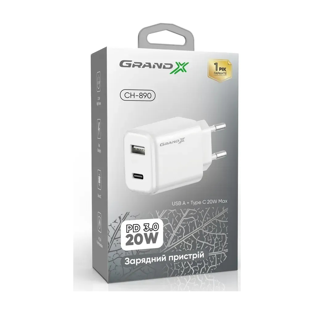 Зарядний пристрій Grand-X CH-890 Fast Charge 1xUSB-C PD20W + 1xUSB QC4.0 + AFC SCP FCP Black (CH-890) - зображення 3