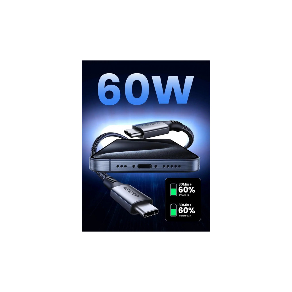 Дата кабель USB-C to USB-C 1.0m 60W US567 black UGREEN (15373) - зображення 2