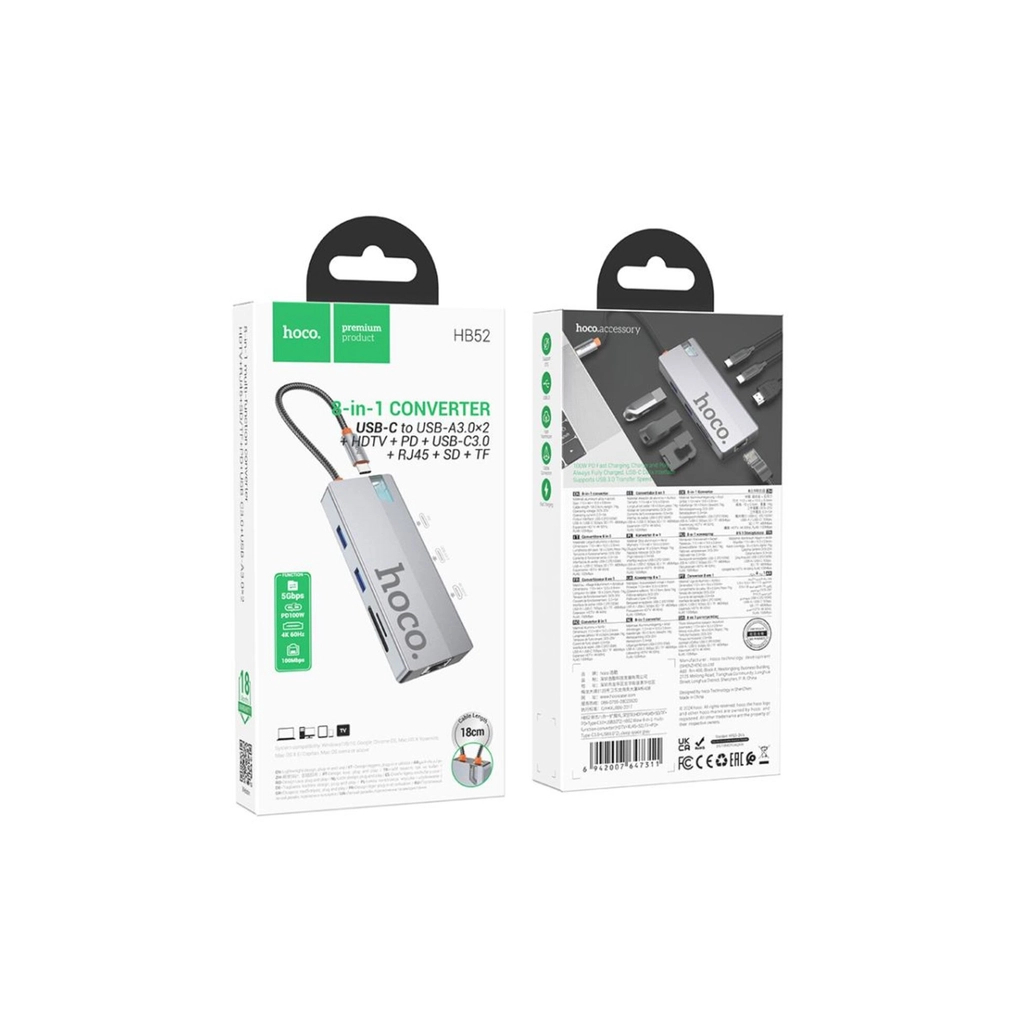 Концентратор HOCO HB52 USB-C to HDMI + RJ45 + SD + TF + PD + USB-C 3.0 + 2xUSB 3.0 Space Gray (6942007647311) - зображення 4