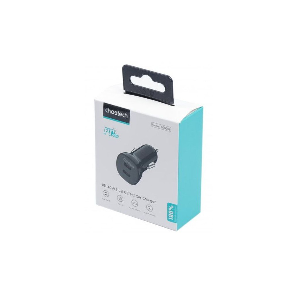 Зарядний пристрій Choetech car 2хUSB-C 40W PD black (TC0008-BK) - зображення 3