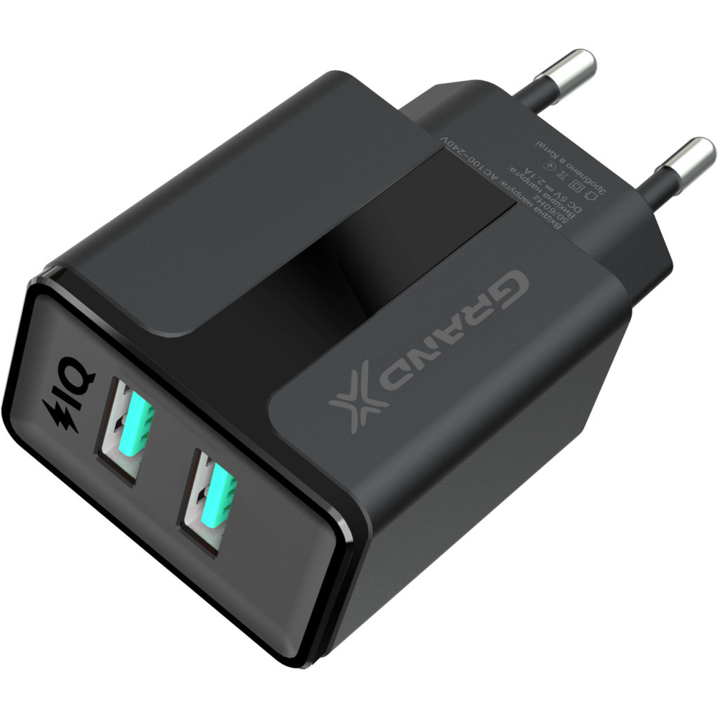 Зарядний пристрій Grand-X CH-15T 5V 2.1A 2USB Black + cable USB -> Type-C (CH-15T) - зображення 4