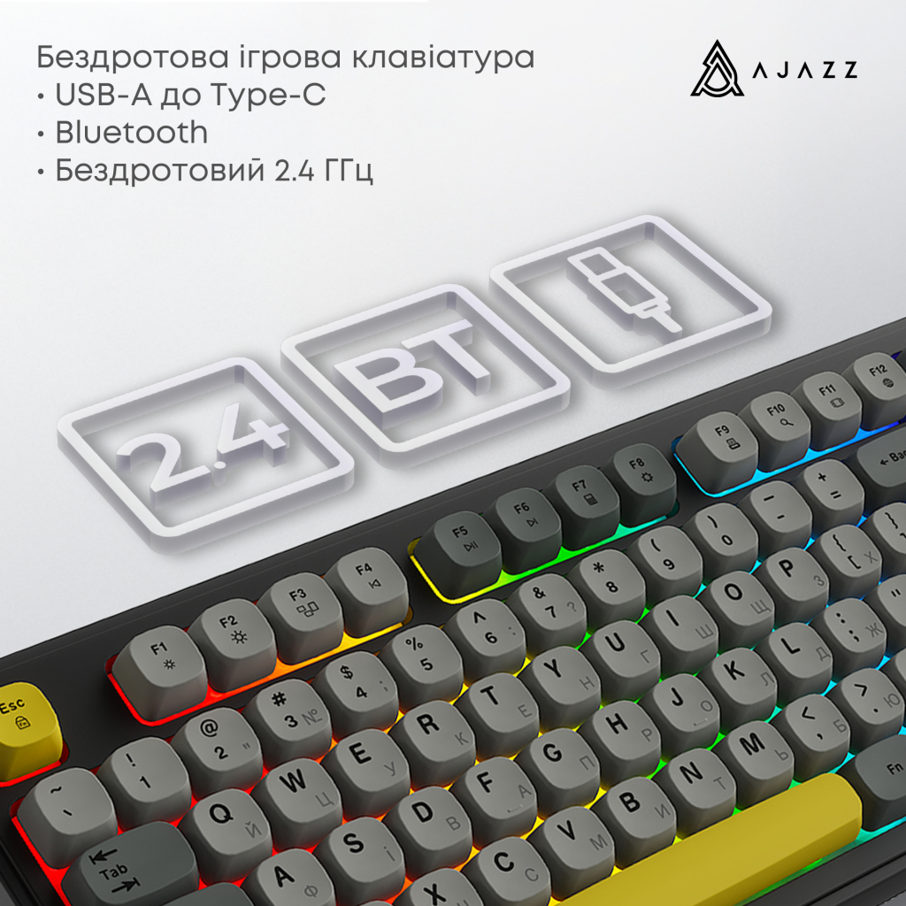 Клавіатура Ajazz AF98 Plus Wireless/Bluetooth/USB UA Black/Grey/Yellow (AF98-PLUS-BGY) - изображение 7