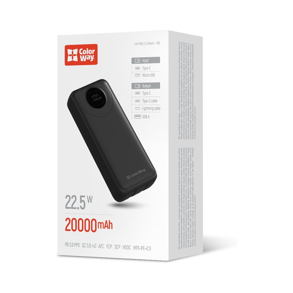 Батарея універсальна ColorWay 20 000 mAh EnergyPlus PD/18W, QC3.0/22.5W, Black (CW-PB200LPB4BK-PDD) - зображення 6