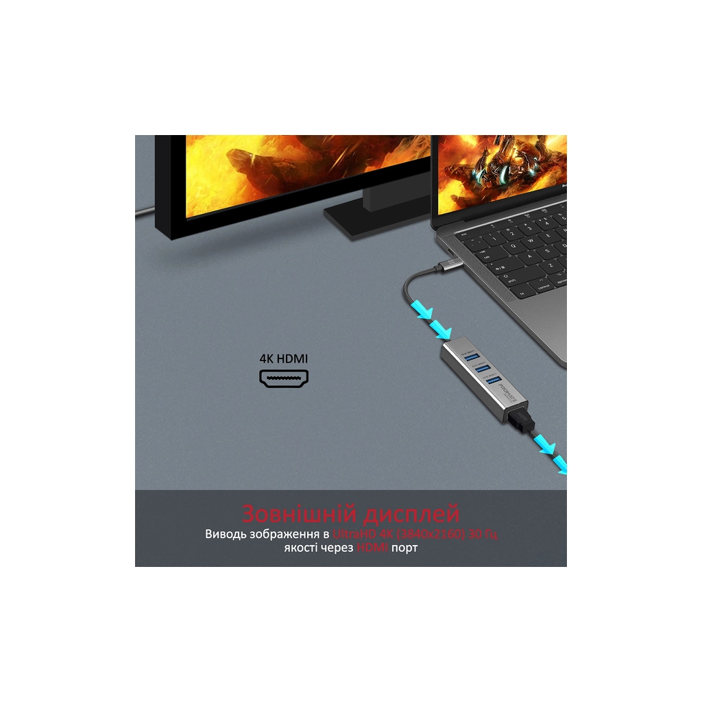 Концентратор Promate USB-C 4-in-1 порти Promate mediahub-c3.grey (mediahub-c3.grey) - зображення 2