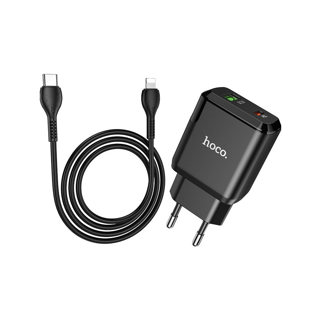 Зарядний пристрій HOCO N5 Favor dual port PD20W+QC3.0 (cable C to iP) Black (6931474738912) - зображення 1