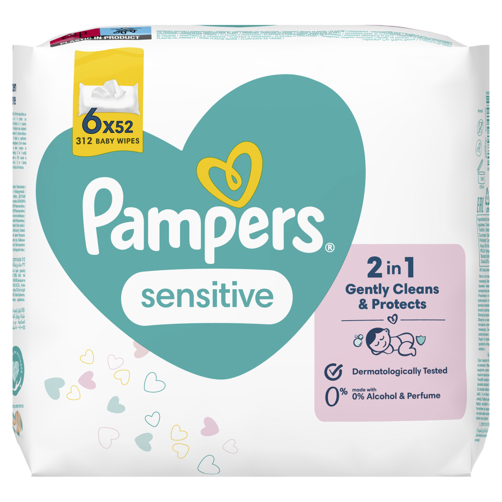 Дитячі вологі серветки Pampers Sensitive 6 пачок х 52 шт (8001841041452) - зображення 2