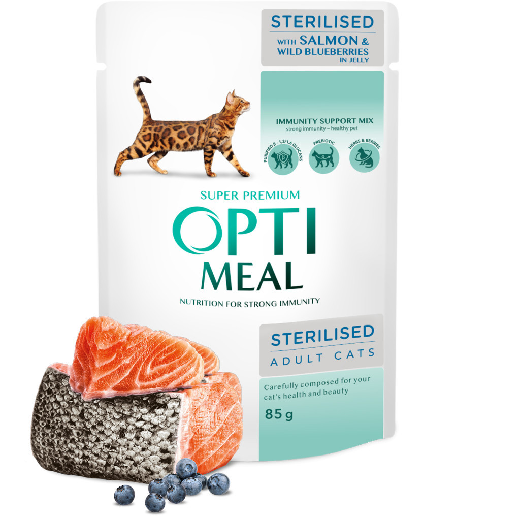 Вологий корм для кішок Optimeal для стерилізованих/кастрованих з лососем та чорницею в желе 85 г (4820269140141) - зображення 3