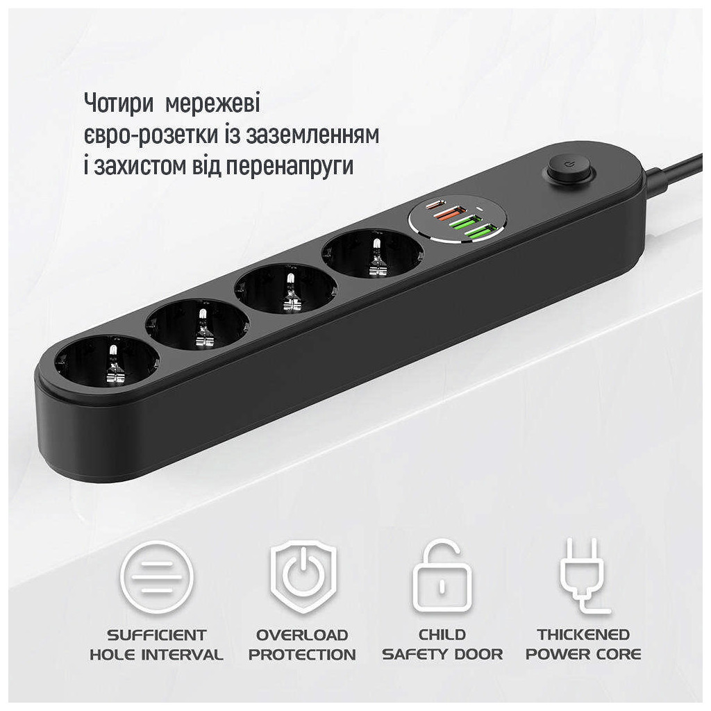 Мережевий фільтр живлення ColorWay 4 розетки/4USB 2M (CW-CHE44PDB) - зображення 12