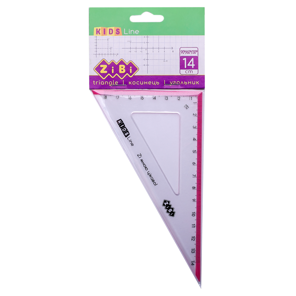 Лінійка ZiBi Kids Line Косинець 140мм, 90°/60° з рожевою смужкою, блістер (ZB.5622-10) - зображення 1