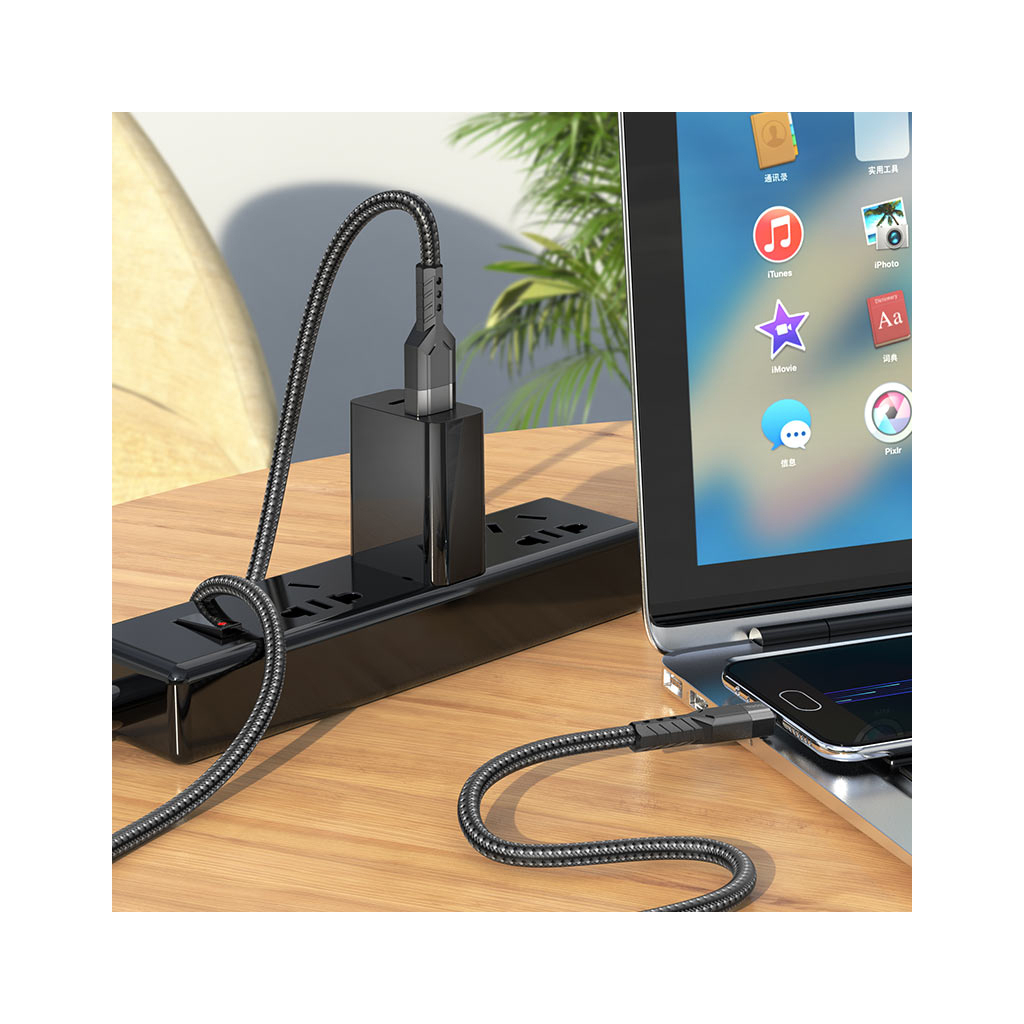 Дата кабель USB 2.0 AM to Micro 5P 1.2m 2.4A nylon aluminum U110 black HOCO (6931474770585) - зображення 4
