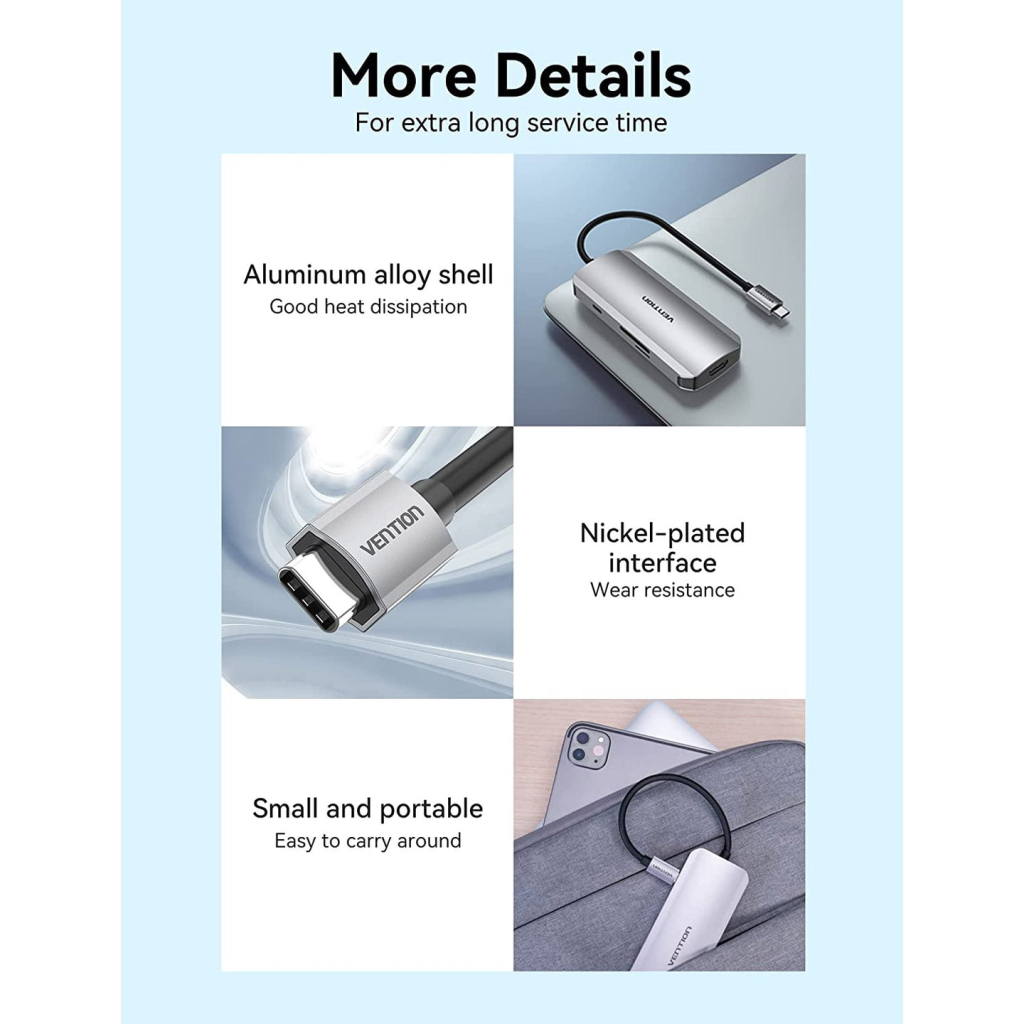 Концентратор Vention USB-C to HDMI/3xUSB 3.0/SD/TF/PD Aluminum Alloy 0.15m gray (TOJHB) - зображення 7