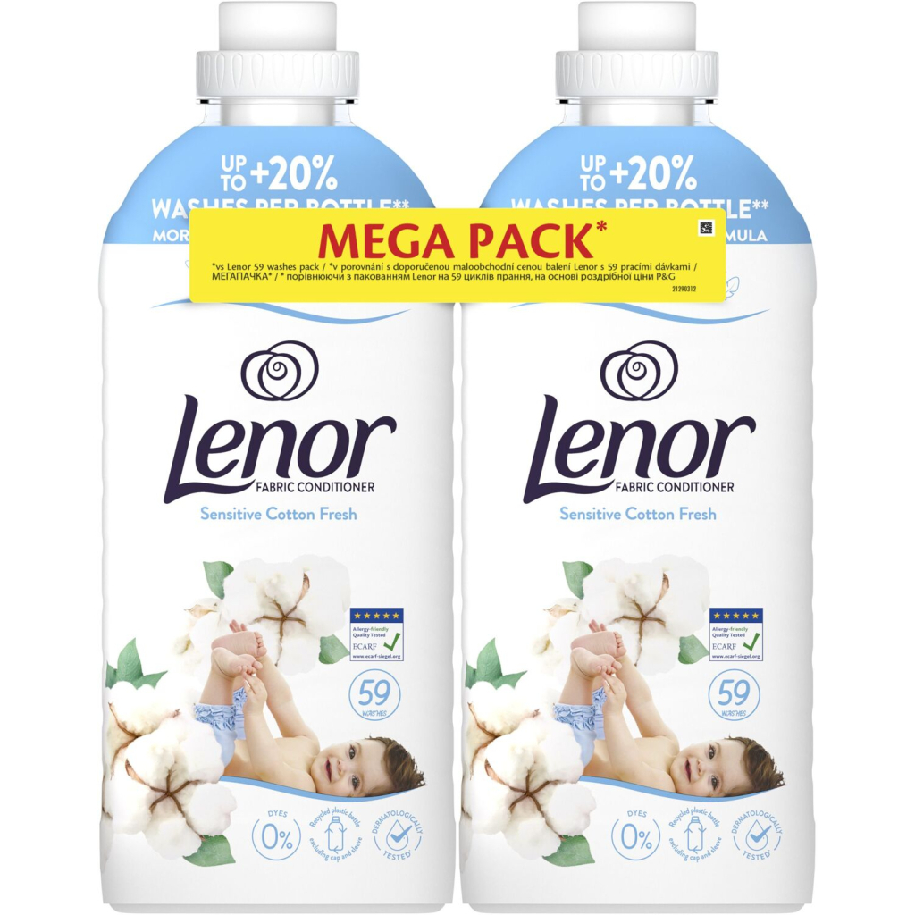 Кондиціонер для білизни Lenor Для чутливої шкіри Свіжість бавовни 2 х 1.239 л (8700216880824) - изображение 2