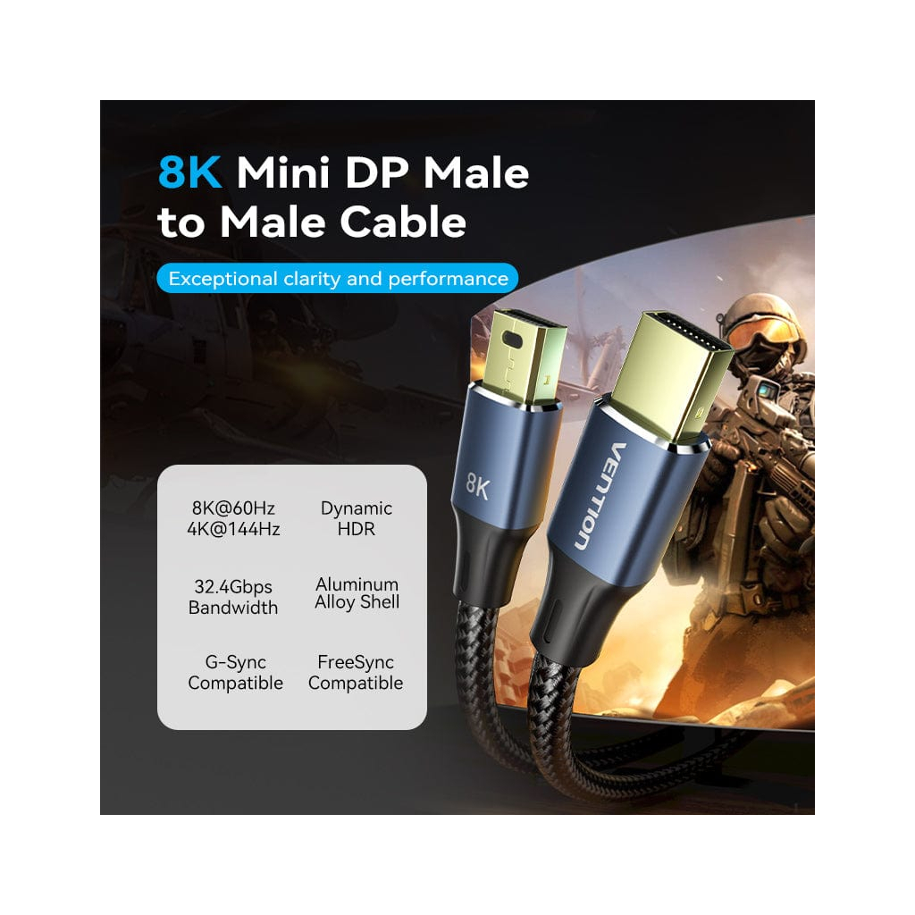 Кабель мультимедійний Mini DisplayPort to Mini DisplayPort 2.0m V1.4 8K 60Hz 32.4Gbps Blue Aluminum Alloy Vention (HCGLH) - изображение 2