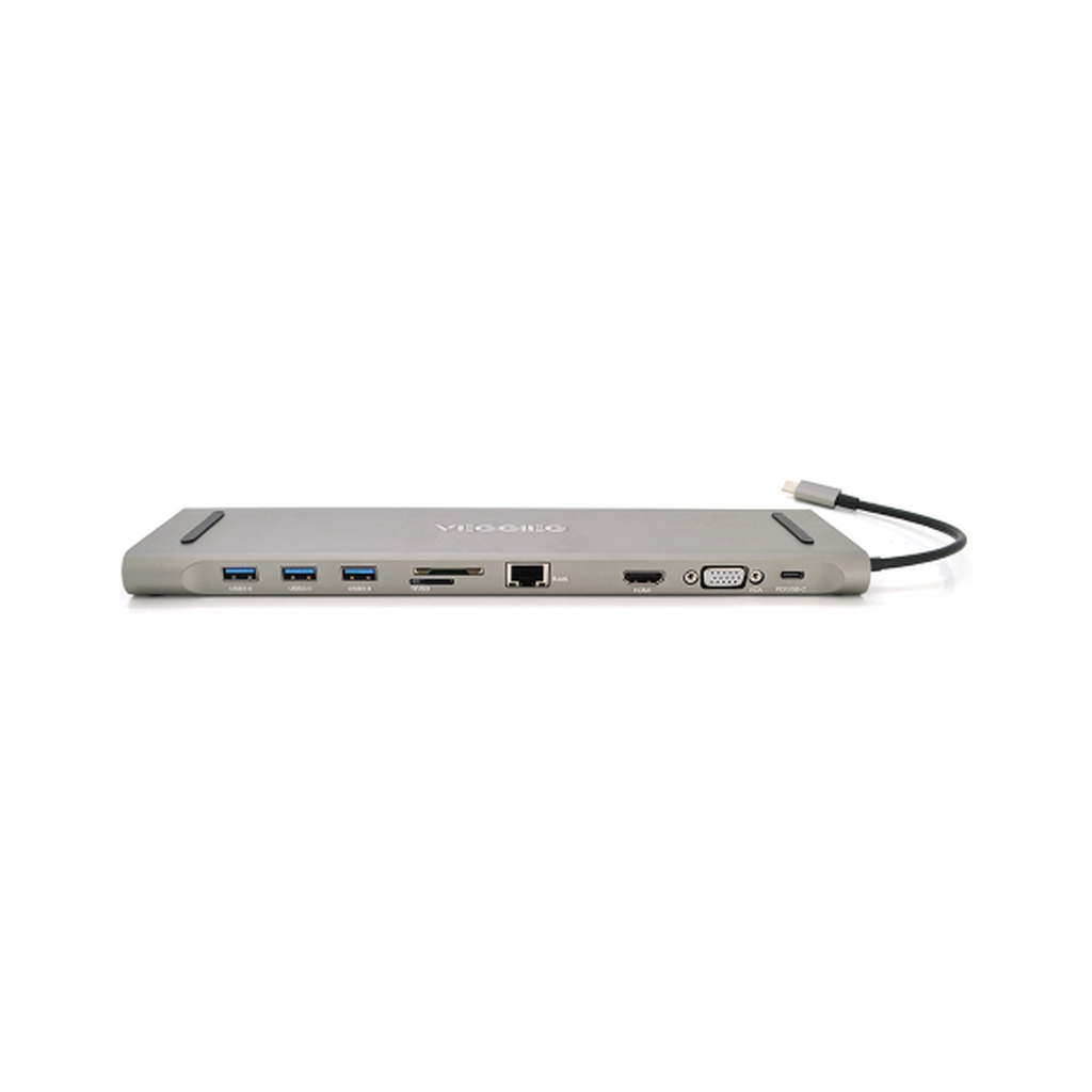 Концентратор VEGGIEG USB-C 8-in-1 USB-C + 3xUSB 3.0 + HDMI + VGA + 3.5mm + SD/TF + RJ45 0.1m silver (TC10) - зображення 1