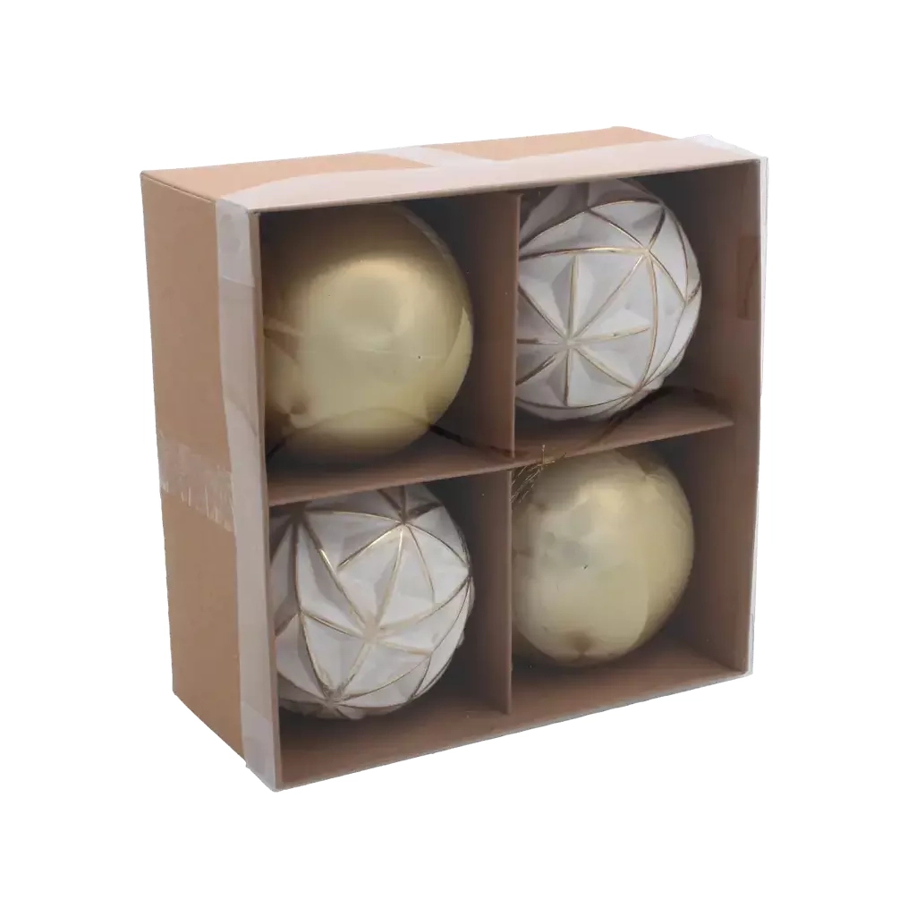 Ялинкова іграшка Chomik пластикові кульки 4 шт, 8 см, біло-золотисті (5900779897243) - зображення 1