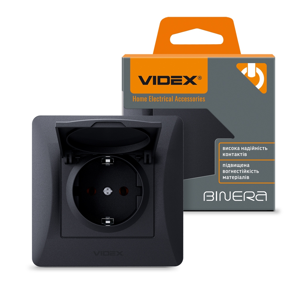 Розетка Videx BINERA 1ая із заземленням і кришкою черн (VF-BNSK1GС-BG) - изображение 4