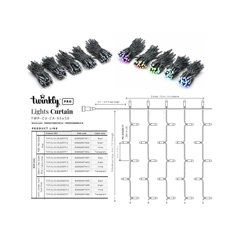 Гірлянда Twinkly PRO Smart LED Curtain RGB 250, AWG22, IP65, чорний (TWP-CU-CA-05X50STP-B) - зображення 5