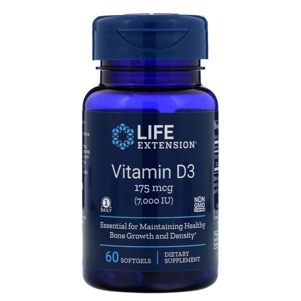 Вітамін Life Extension Вітамін D3, Vitamin D3, 175 мкг (7000 МE), 60 гелевих капсул (LEX-17186) - зображення 1