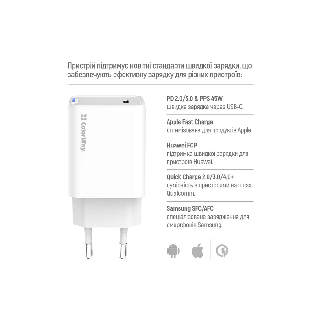 Зарядний пристрій ColorWay GaN Mini 45W PD Port PPS USB-C white (CW-CHS057PD-WT) - изображение 9