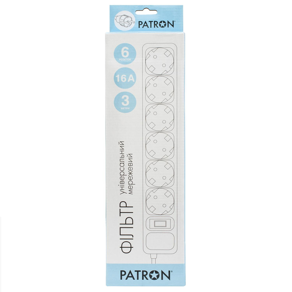 Мережевий фільтр живлення Patron 3.0 m3*1.5mm2 (SP-1663) 6 розеток BLACK (EXT-PN-SP-1663) - зображення 2