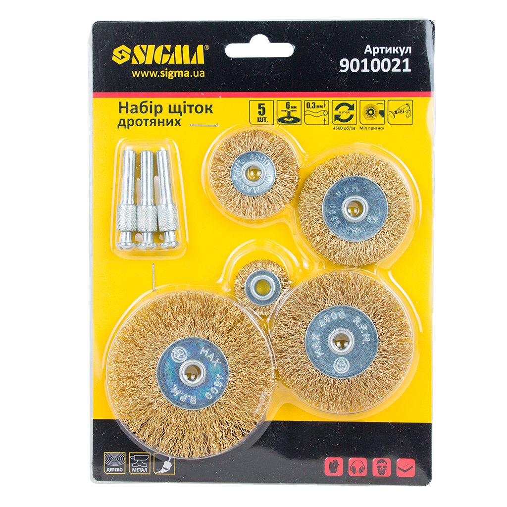 Щітка для електроінструменту Sigma набір 5шт, 25; 38; 50; 65; 75мм, хвостовик 6мм, латуновані (9010021) - зображення 2