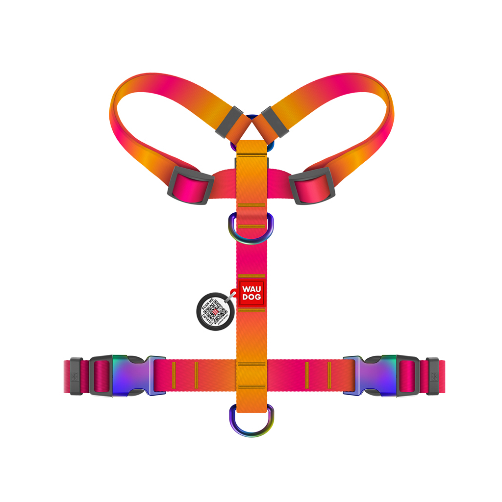 Шлея для собак WAUDOG Nylon Recycled анатомічна H-подібна з QR паспортом, градієнт, M помаранчева (52874) - зображення 2