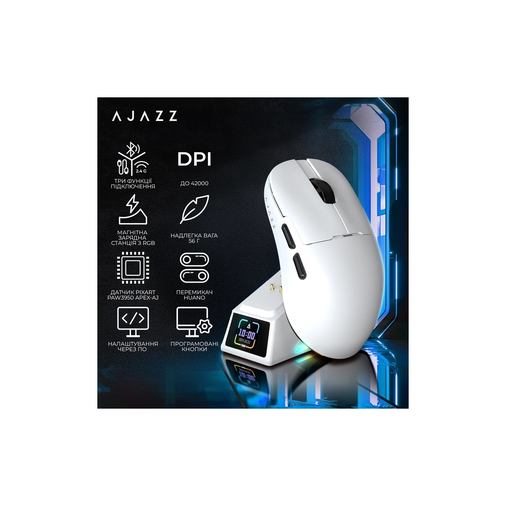 Мишка Ajazz AJ159 APEX Wireless/Bluetooth/USB White (AJM159-A-W) - зображення 9