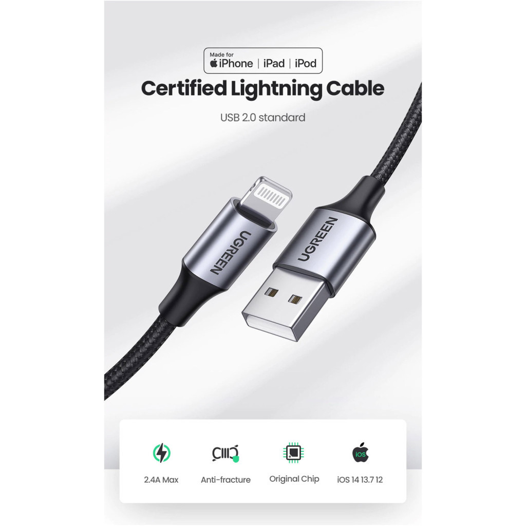 Дата кабель USB 2.0 AM to Lightning 2.0m US199 2.4A Black Ugreen (60158) - зображення 3