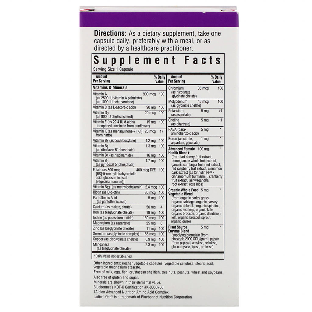 Мультивітамін Bluebonnet Nutrition Жіночі Мультівітаміни, Ladies 'One, 30 рослинних капсул (BLB0132) - зображення 2