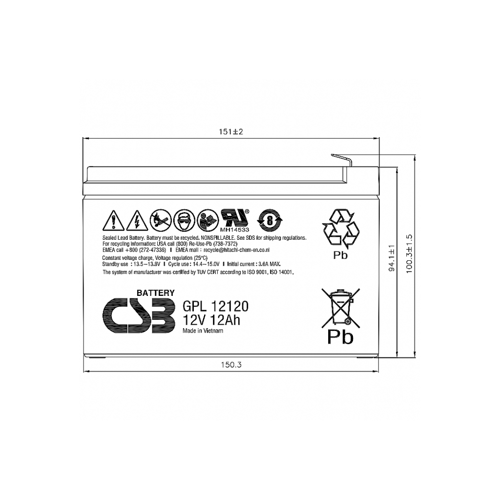 Батарея до ДБЖ CSB 12В 12 Аг (GPL12120 F2) - зображення 2